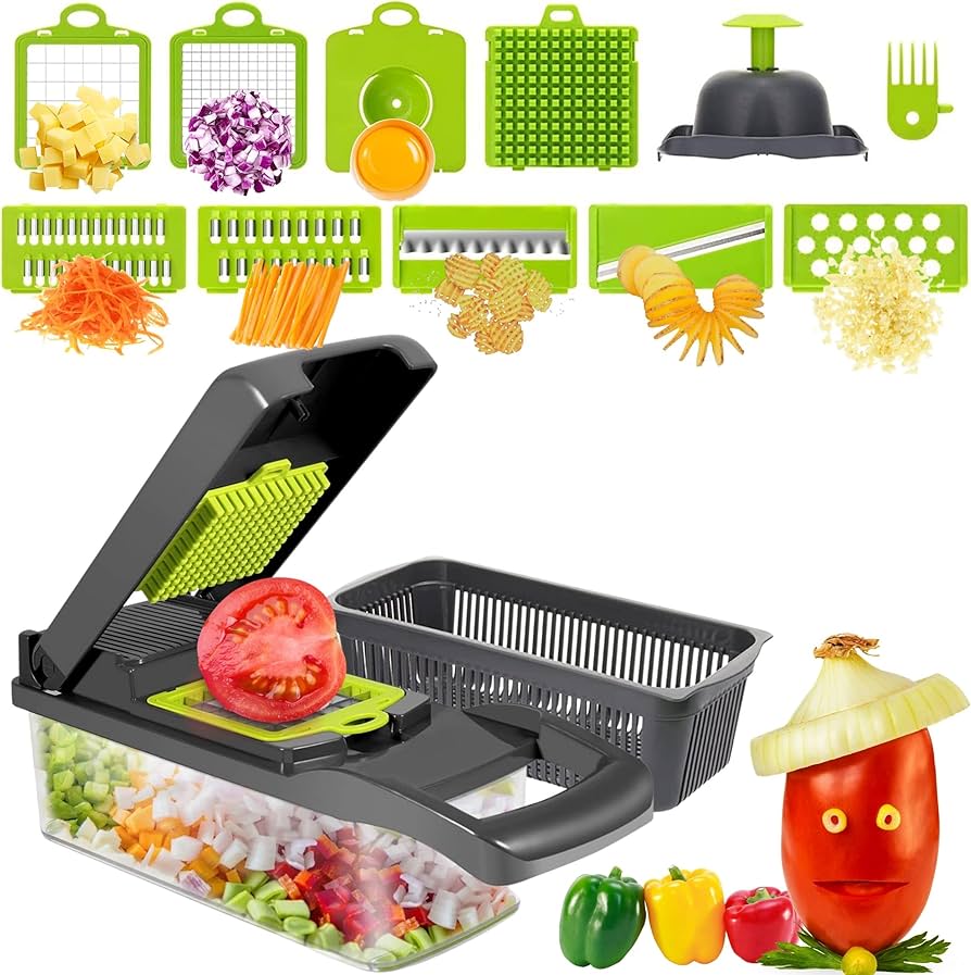 Cortador Multifuncional de Verduras 14 en 1 | Picador, Rebanador y Rallador con Recipiente